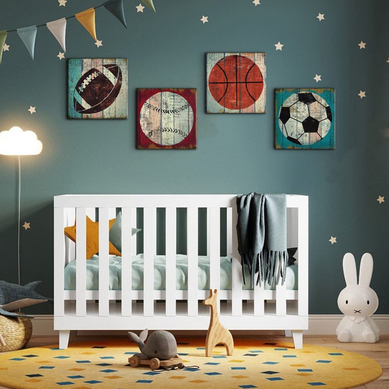 sunfrower Sports Wall Art Sports Decor for Boys Bedroom Toddler Decorations Rustic Soccer Baseball Basketball Football Pictures Kids Room Decor Vintage Ball Themed Paintings Posters Playroom Artwork 12x12" 4Pcs - Image 4